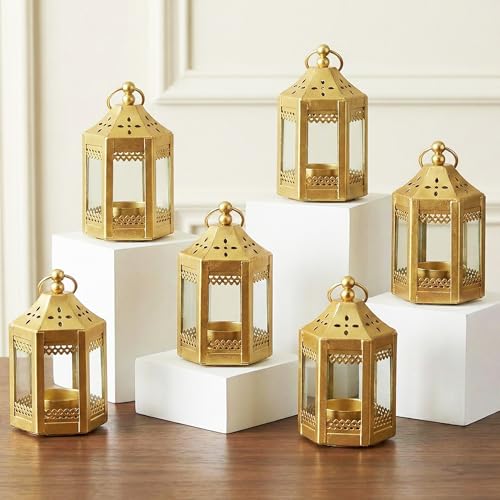 VELA LANTERNS 6pc Mini Small 4.5 Inch Metal Moroccan Lanterns Decorative Candle Tealight Holders for Centerpieces, Ramadan, Home Decor, Weddings, Gold