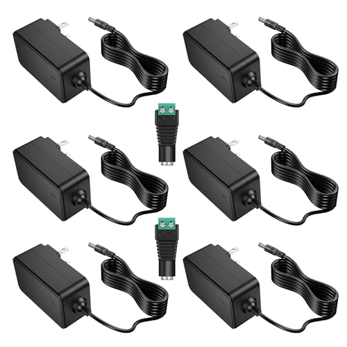 Minidodoca 12V 2A AC Adapter Charger Replacement with 2 Tips, Regulated 12 Volts 2000mA Power Supply Cord for LED Strip Light, CCTV Camera, BT Speaker, GPS, Webcam, Router, DC12V Transformer (6 Pack)