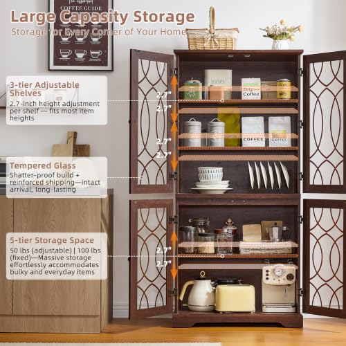 Image of Joaxswe 67 inch Tall Pantry Cabinet Set of 2, Vintage Kitchen Pantries Cabinets with Glass Doors & Adjustable Shelves, Wood Cupboard with Large Storage for Dining Room, Bathroom, Walnut