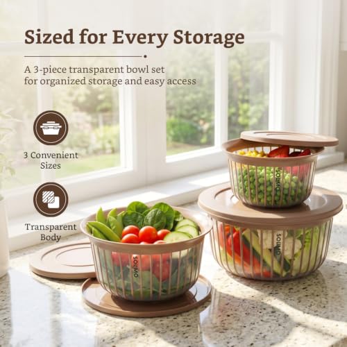 Image of Amazon Brand - Solimo Better Home Linea Transparent Plastic Storage Bowls Food Grade Set of 3 (1.3L, 2.3L, 3.8L) | BPA-Free, Stackable Kitchen Containers with Lids, Brown