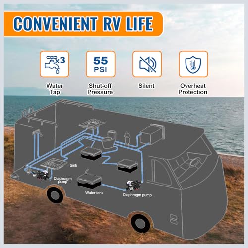Image of YOUNGTREE 12V RV Water Pump 3.5GPM 55PSI On Demand Fresh Water Pressure Diaphragm Pump 12 Volt Self Priming with Pressure Switch for RV Camper Marine Sprayer Outdoor Shower Kitchen Garden