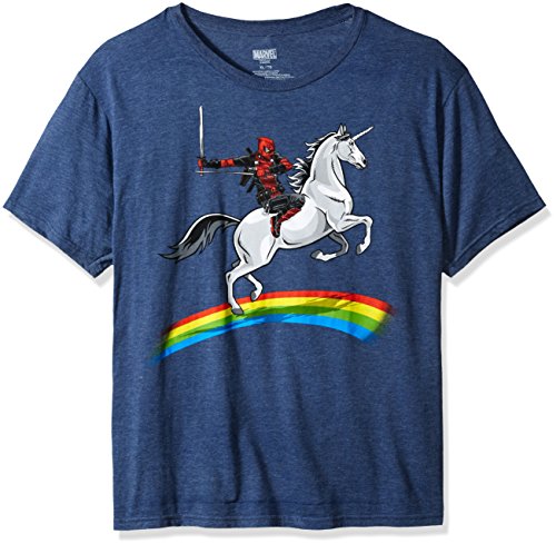 Marvel Men's Deadpool Riding A Unicorn On A Rainbow T-Shirt, Denim Heather, Large