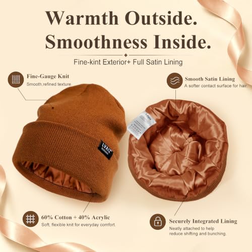 Image of Satin Lined Winter Beanie Hats for Women Unisex Cotton Knitted Cuffed Knit Hat with Silky Lining Slouchy Skull Cap