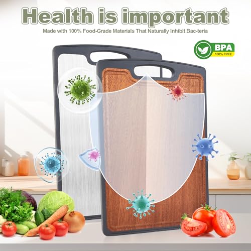 Tablas de Cortar Titanium para Cocina, Tabla de Corte Doble Cara de Madera 2 en 1 con Ranura para Jugo, GR1 Titanium de Calidad Alimentaria y Ébano, Fácil de Limpiar y Apta para Lavavajillas para Carne y Verduras miniatura 3