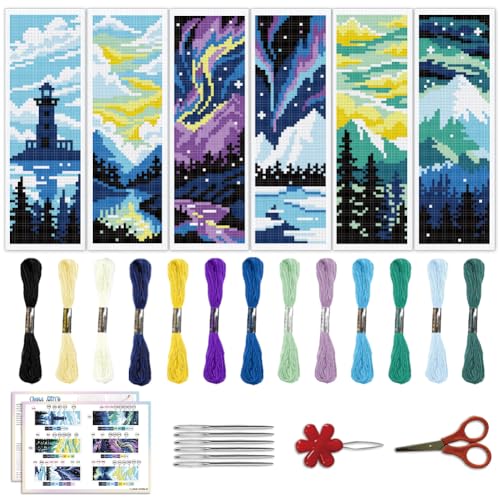 Image of ACRNIGHEET 6PCS Cross Stitch Bookmark Kit for Beginner Stamped Cross Stitch Kits for Adults DIY Embroidery Bookmark Kits Crossstitch Kits Adult with Instructions Hand Craft Gift 8.5''x3'' 11CT