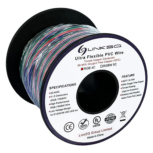 LINKSQ UL1007 30FT 22 Gauge 4 Conductors RGB Stranded Electrical Wire, Tinned Oxygen Free Copper 4 Wire, 22 AWG RGB Wire, Low Voltage Wire for RGB LED Light Strip