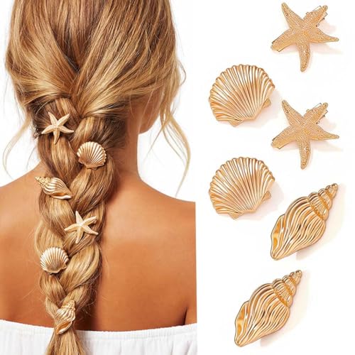 BARTOSI Beach Hair Clips Gold Seashell Hair Clip Starfish Hair Accessories for Women and Girls (Pack of 6)
