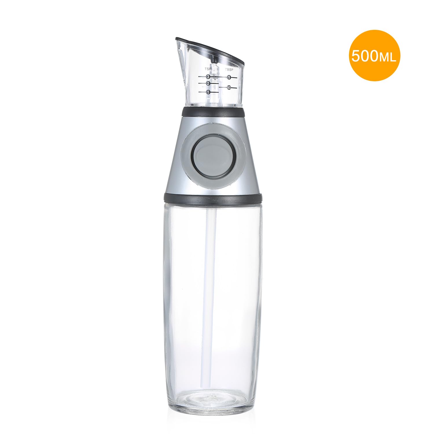 Dispensador de aceite de oliva, botella de vidrio de vinagre, sistema de bombeo de control de porciones, aderezo, vinagre, vertido para cocinar con taza medidora, 500 ml