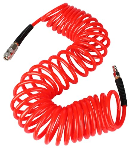 YOTOO Air Compressor Hose, Polyurethane Recoil Air Hose 10m Long 6mm ID x 9.5mm OD 450 PSI with Bend Restrictor, 1/4 Europe Quick Coupler and Plug, Red