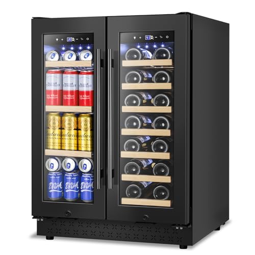 Wine and Beverage Refrigerator, 24 Inch Beverage Cooler Dual Zone with Glass Door, Under Counter Beverage Fridge with Upgraded 60 Cans 20 Bottles Large Capacity, Black