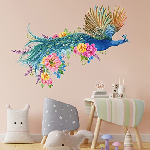 23.6X13.7" Frosted Peacock And Flowers Wall Decal Watercolor Peony Wall Decals Diy Pvc Sticker Colorful Peahen Feather Wall Art Murals For Kids Baby Girls Nursery Bedroom Living Room Offices Classroom (A) #TOP5
