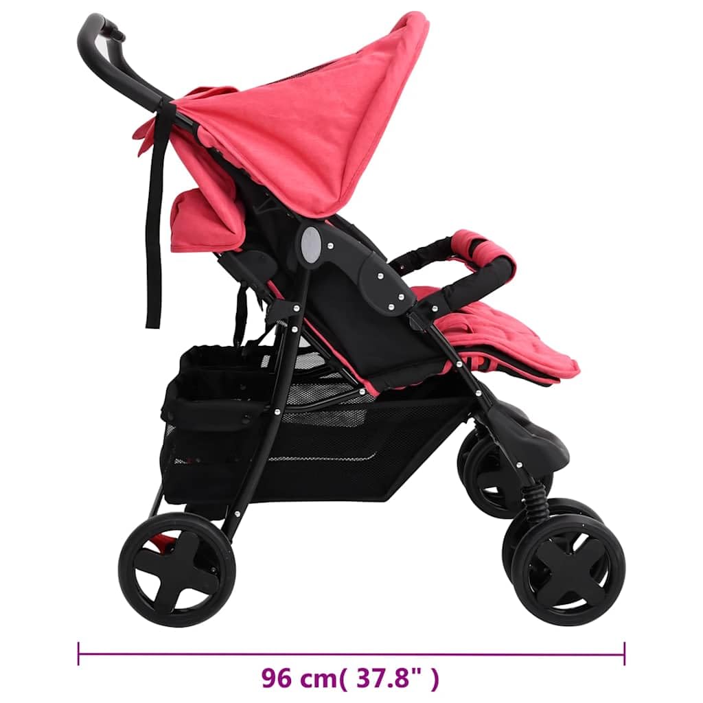 vidaXL Carrito para Gemelos Cochecito Sillita Gemelar Silla de Paseo Canasta Niños Reposapiés Ajustable Dosel Plegable de Acero Rojo