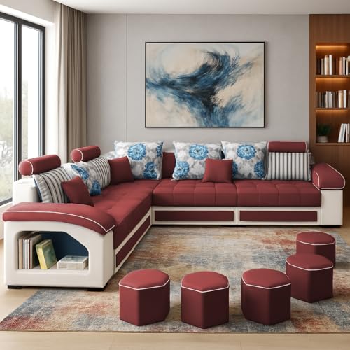 Image of Casaliving Yamir Modern U-Shaped Sectional Sofa Set with Storage, 9 Seater, Sofa Couch with 4 Puffy for Hall Guest Room (Maroon & Grey) Premium Fabric Sofa Set
