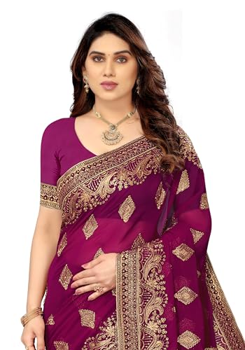 Image of B BELLA CREATION Women's Maroon Georgette Saree with Heavy Golden Embroidery Work & Unstitched Blouse Piece