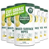 Seventh Generation Multi Surface Wipes All Purpose Cleaning Lemon Zest scent with 100% Essential Oils and Botanical Ingredients 70 count, Pack of 6