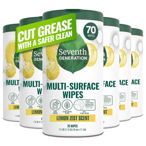 Seventh Generation Multi Surface Wipes All Purpose Cleaning Lemon Zest scent with 100% Essential Oils and Botanical Ingredients 70 count, Pack of 6