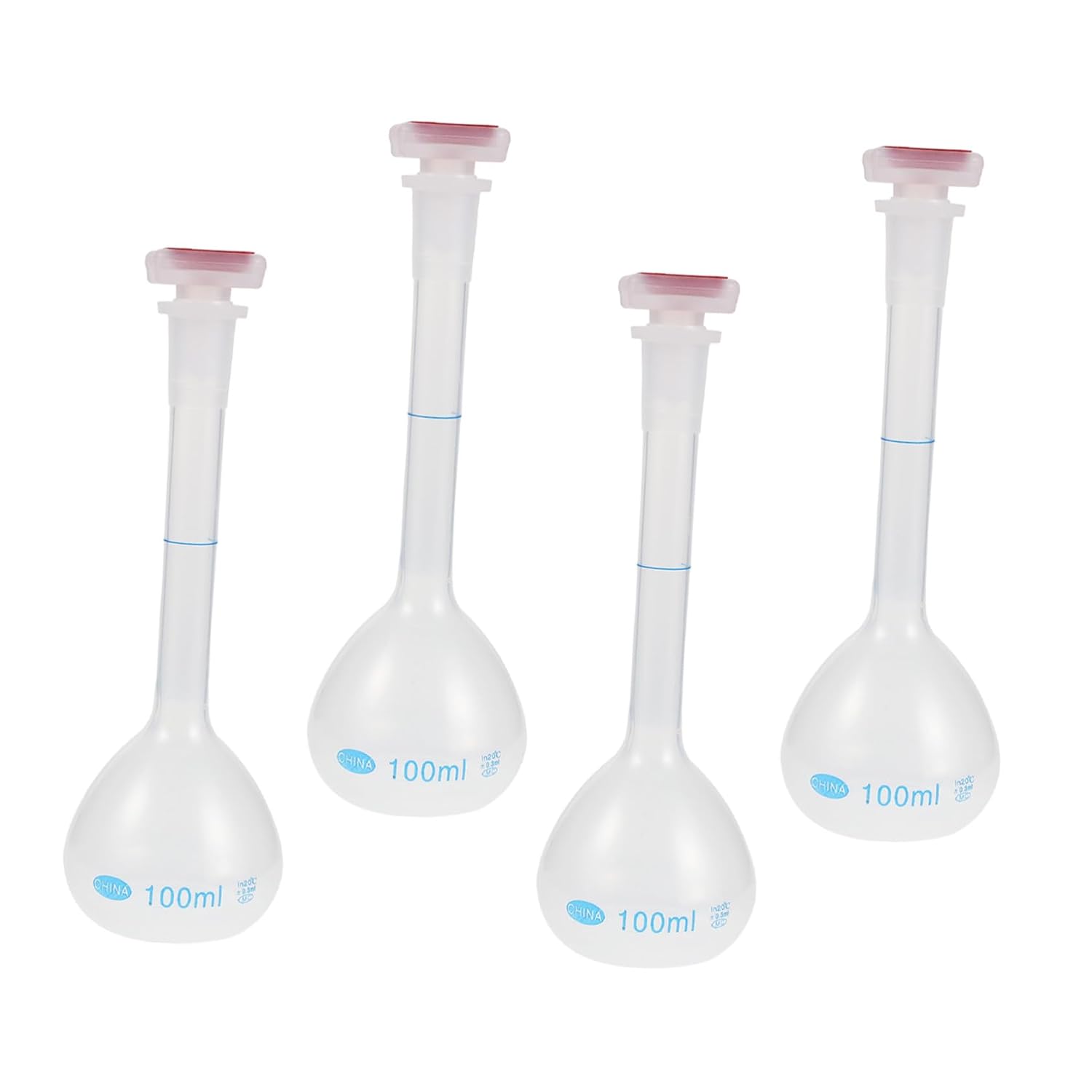 Vaguelly 4pcs 100ml Plastic Volumetric Flask Set with Stopper, Calibrated Lab Measuring Bottle for Chemical Preparation and Laboratory Experiments