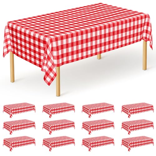 Image of 12Pack 54 inch x 108 inch Table Cloth Rectangle Table, Waterproof Plastic Table Cloth Ddisposable, Red and White Checkered Tablecloth Table Cover for Outdoor Picnic Birthday Party Gathering BBQ Holiday Dinner