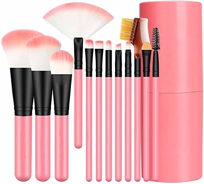 AIR BEAUTY Professional Luxury Makeup Brush Set with Storage Box – 12 Piece Pink Brushes Makeup Kit for Girls (Pack of 12)
