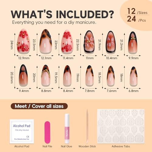 HOSAILY Medium Almond 3D Brown Gold Flower Press on Nails-‎ Tortoiseshell Leopard French Tip Blossom Gradient Design,24Pcs Handmade Fall/Autumn/New Year Glue on Acrylic Fake Nail Press ons for Women - Thumbnail 3