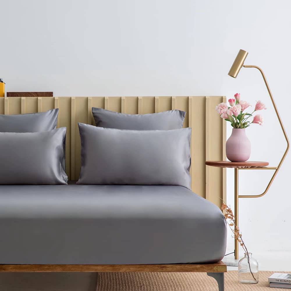 Wajade Gray Satin Fitted Sheet Double Deep Fit Soft Silky Fitted Sheet with 30cm Deep Pocket, Breathable, Cool, & Moisture-Wicking Bed Sheet Only Bedsheet No Pillowcases