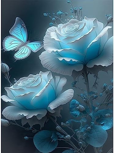 JFYHAB Blue Rose Diamond Painting Kits,Diamond Art Kit, Butterfly Paint by Numbers for Adults and Kids Beginner 5D Diamond Painting Kits for Adults Full Drill Round for Wall Decor,Gift,Relaxing12x16