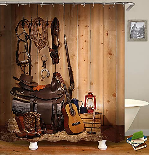 Fashion_Man 4Pcs/Set Vintage Western Cowboy Fabric Shower Curtain, Cowboy Hat Boots Gun Guitar Rustic Wood Panel Brown Wooden Board Plank Bathroom Decor, Non-Slip Bath Rugs Soft Toilet Carpet, Barn #TOP2