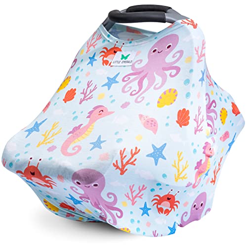 Image of Little Emerald 7-in-1 Multi-use Cover - Privacy for Breastfeeding & Pumping, Baby Car Seat, Carrier, Stroller, High Chair, Shopping Cart, Lounger Canopy, Newborn Essentials (Underwater Sea)
