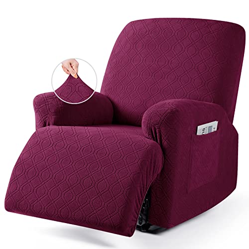 Image of VANSOFY Oversized Recliner Chair Cover, 4-Pieces Stretch Recliner Covers for Recliner Chair Soft Reclining Chair Slipcover Jacquard Pattern Furniture Protector for Dogs Cats(Burgundy)
