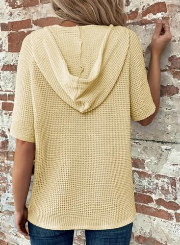 Image of Dokotoo Womens Summer Tops Waffle Knit Short Sleeve Lightweight Drawstring Hoodies Button V Neck Casual Blouses Shirts