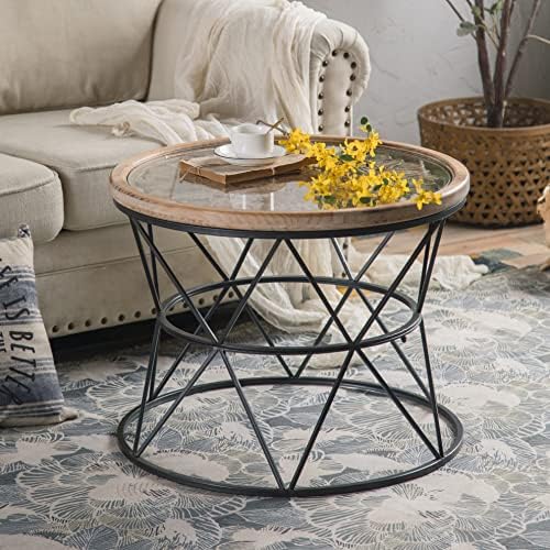 DAKVO Solid Wood Coffee Table, Round Wood Vintage Carved Coffee Table, Tempered Glass Panel with Wrought Iron Base Bracket, 25.98W x 20.27H Inch