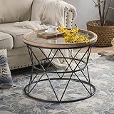 DAKVO Solid Wood Coffee Table, Round Wood Vintage Carved Coffee Table, Tempered Glass Panel with Wro