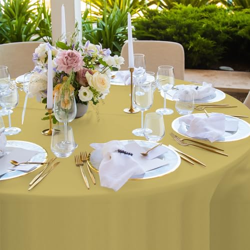 Image of 16 Pack Gold Plastic Tablecloth for Round Tables, Premium Decorative Gold Disposable Table Cloths for Parties, Bulk Round Party Table Cover for Birthday Wedding Anniversary Graduation, 84 Inch