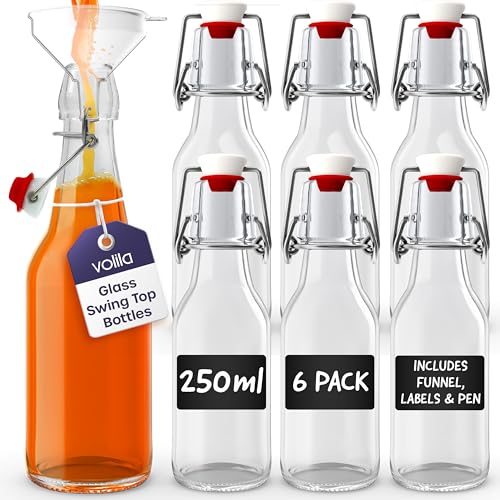 Volila Glass Bottles with Stoppers - 250ml Clip Top Swing Top Bottles for Homebrewing Beverages Kombucha Wine Vinegar and Oil (6 Pack)