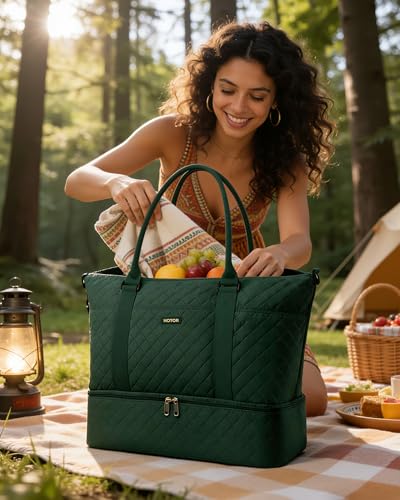 Image of HOTOR Travel Duffel Bag - Weekender Bags for Women, Carry On Gym Tote Bags | with Toiletry Bag & Shoe Compartment, Overnight Bag for Travel Essentials, Travel Accessories, Dark Green, 15.8 inchx18.1 inchx8.7 inch