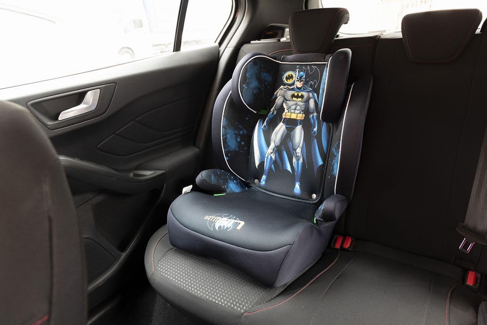 Dc Comics Batman i-Size, fotelik dziecięcy 15-36 kg (3,5-12 lat), 100-150 cm, Grupa 2/3, montaż z 3-punktowym paskiem, niebieski i czarny
