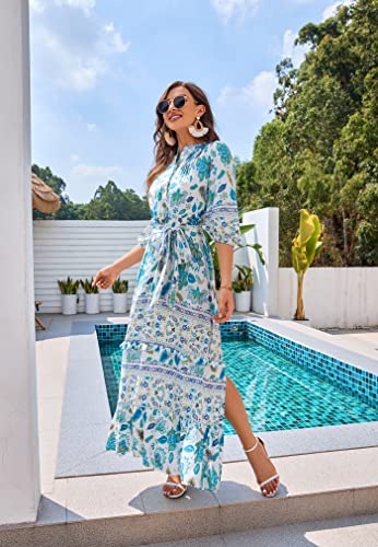 Image of Women Boho High-Waist Floral Print Maxi Dress 3 /4 Sleeve Casual | Soft Rayon, Breathable, Quick-Dry. High-Waist with Adjustable Belt, Flattering Hem. Ideal for Beach, Work & Dating.