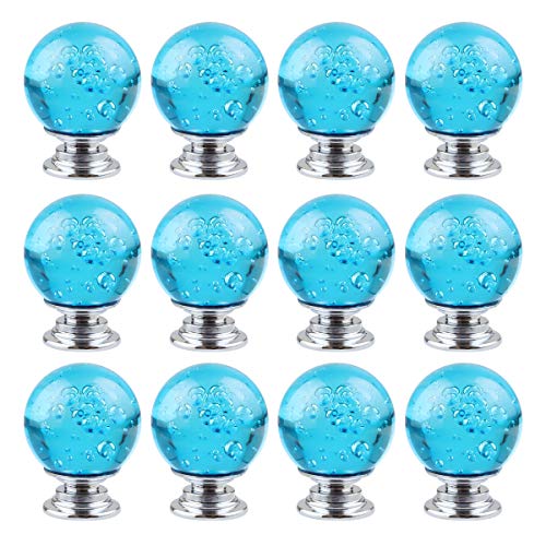 BNYZWOT Lot de 12 boutons de placard ronds en verre à bulles pour la maison, l'armoire, le tiroir et la commode avec 3 tailles de vis différentes, 30 mm (bleu ciel)