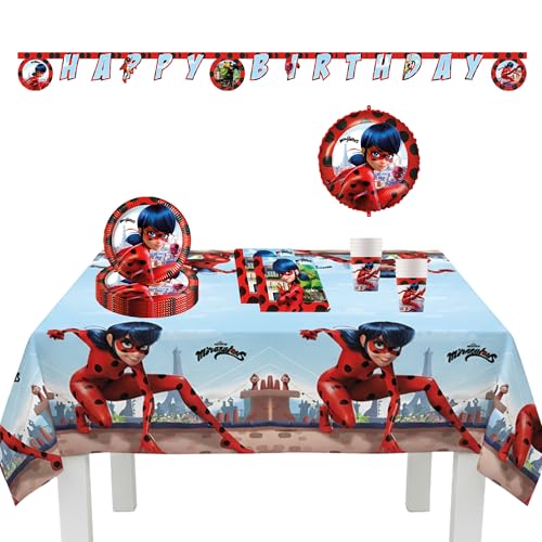 Procos 10215315DY - Miraculous Ladybug, 39 pièces de vaisselle jetable pour anniversaire d'enfant et fête à thème, décoration de table, unbekannt