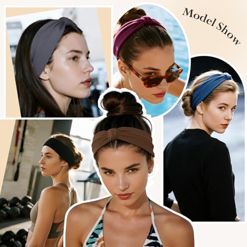 Image of HSEM Headbands for Women, Wide Elastic Head Bands, Non-Slip Thick Hair Bands, Sports Stretchy Sweat Bands, Large Knotted Soft Headband, Gray Burgundy Green Black Coffee Navy