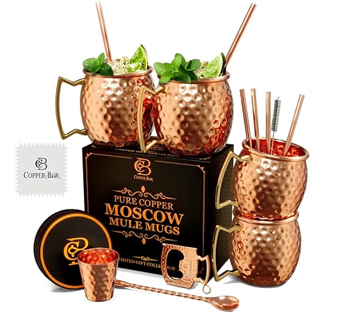 COPPER-BAR Moscow Mule Copper Mugs - Unique HANDCRAFTED Gift Set of 4, Hammered by Artisan, 100% Pure Solid Copper Cups 16oz for Drinking Water & Cocktails, Include 19 Pcs accessories & Special Opener
