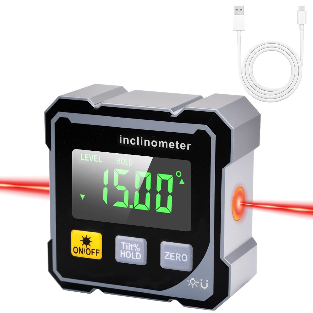 Digital Angle Finder with Electronic Laser, Digital Spirit Level with LCD Display, 4-Side Magnetic Digital Angle Gauge, IP54 Waterproof for Woodworking, Construction, Decoration