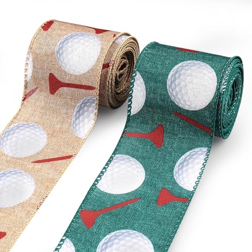 Habbiful 2.5''X 10 Yards Golf Ball Wired Ribbon For Wreath Bows Diy Crafts Golf Tees Ribbon Sports Ball Burlap Ribbons For Wrapping Cheerleaders Party Home Decoration