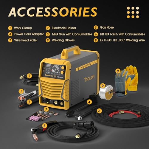 Image of TOOLIOM 180A 110 /220V 4-in-1 MIG Welder Kit with Lift TIG torch | 4-in-1 gas MIG /flux MIG /stick /Lift TIG welder, smart synergic setup, comes wire and gloves