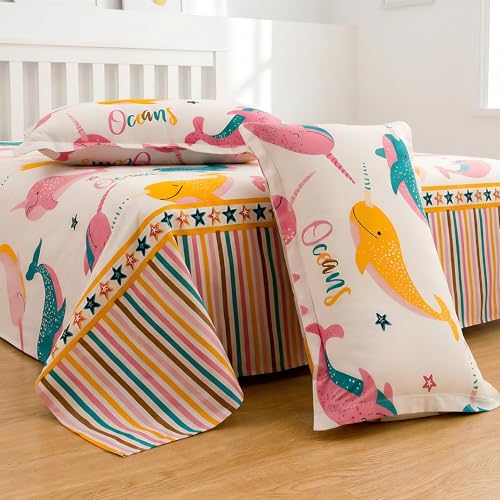 Image of Story@Home Kids Double Bed Bedsheet Set - 180 TC Cotton Blend, Bubbly Buddies Design in Baby Pink & Yellow- 225 x 250 cm with 2 Pillow Covers - Soft Bedding for Boys & Girls | Kids Bedsheet for Double