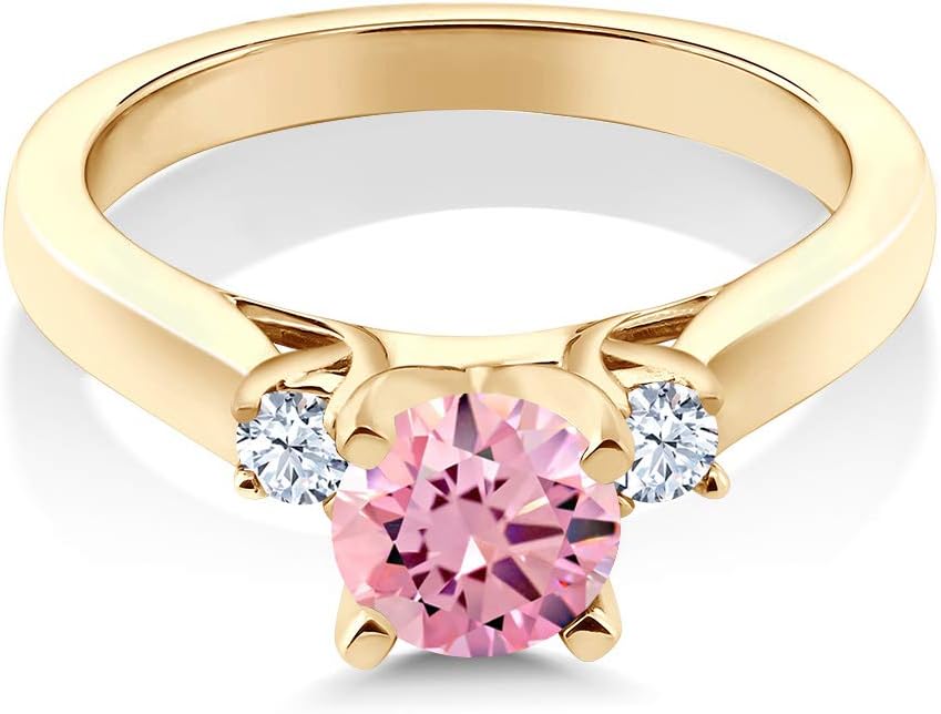 Gem Stone King 18K Yellow Gold Plated Silver Pink Zirconia and White Created Sapphire 3-Stone Engagement Ring For Women | 1.60 Cttw | Round 6MM | Wedding Engagement Anniversary Promise Ring