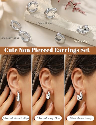Image of BESTEEL 3Pairs Clip on Earrings for Women Trendy Hypoallergenic 14K Gold Plated Chunky Tube Croissant Waterdrop Clip-on Hoop Earrings Set Fake Jewelry Non Pierced Ears