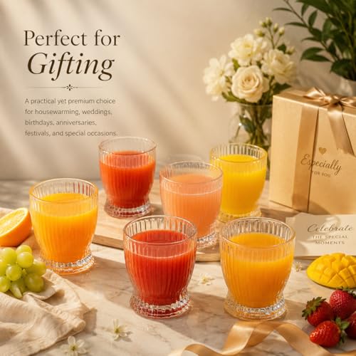 Image of bellemax 300ML Juice and Water Glass Stylish Crystal Highball Drinking Glasses, Medium Size Tumbler Glasses for Juice, Water, Milk, lassi, Cocktails and Sharbat (Set of 6)