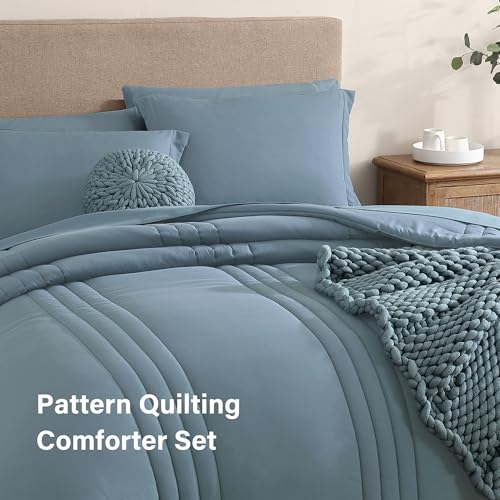 Image of Monbix Full Size Comforter Sets - 7 Pieces Dusty Blue Bed in a Bag Full Size Bedding Sets with Comforters, All Seasons Comforter with Sheets, Pillowcases & Shams