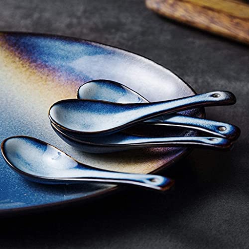 ERoomQ Pasta Bowls Bowls Bowl Creative Retro Ceramic Soup Spoon Dinner Spoon Dessert Spoon Household Blue Breakfast Soup Spoon Salad Bowls,